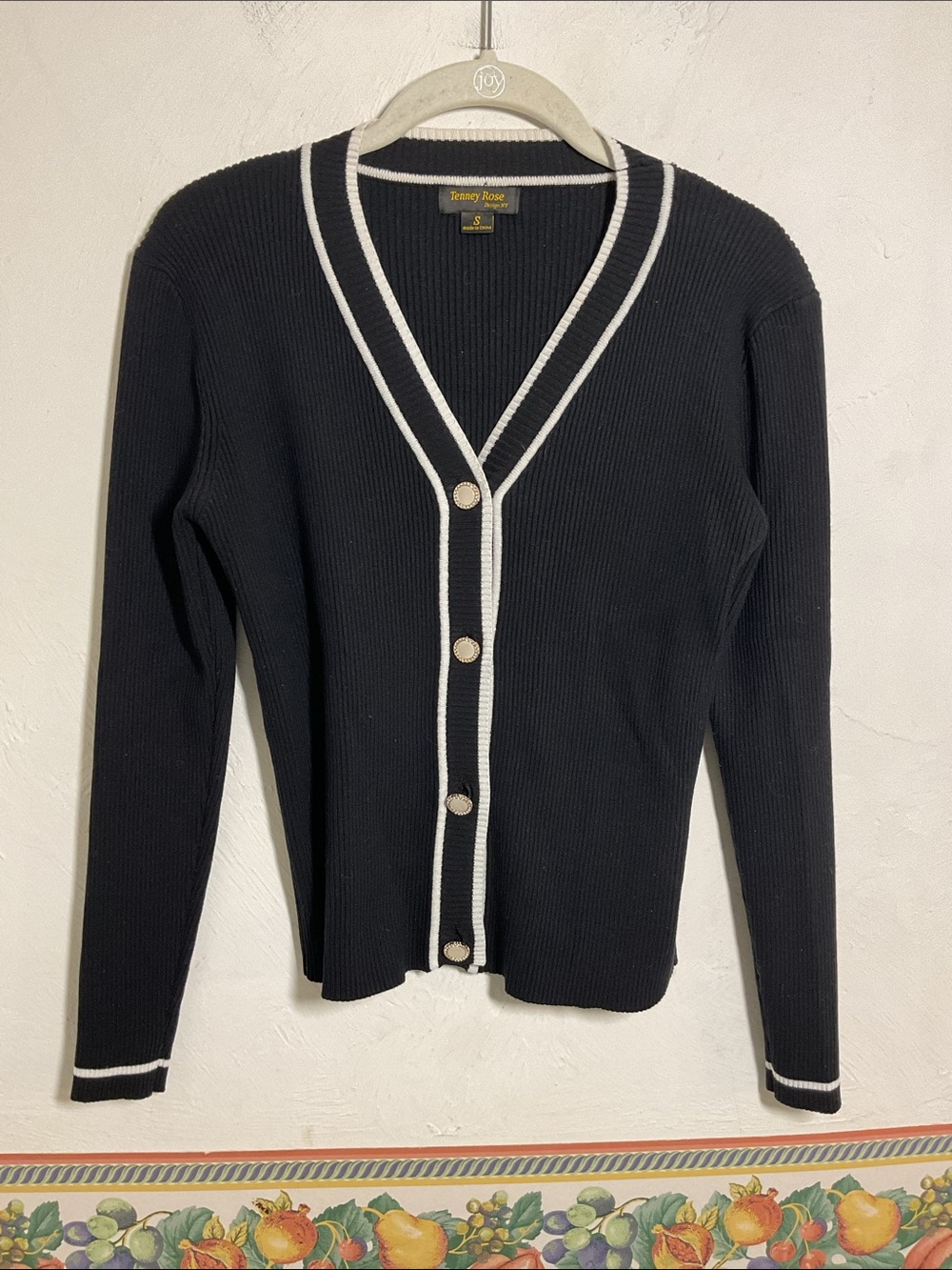 Tenney Rose Black White Contrast Trim Ribbed Cardigan Pearl Buttons Size S